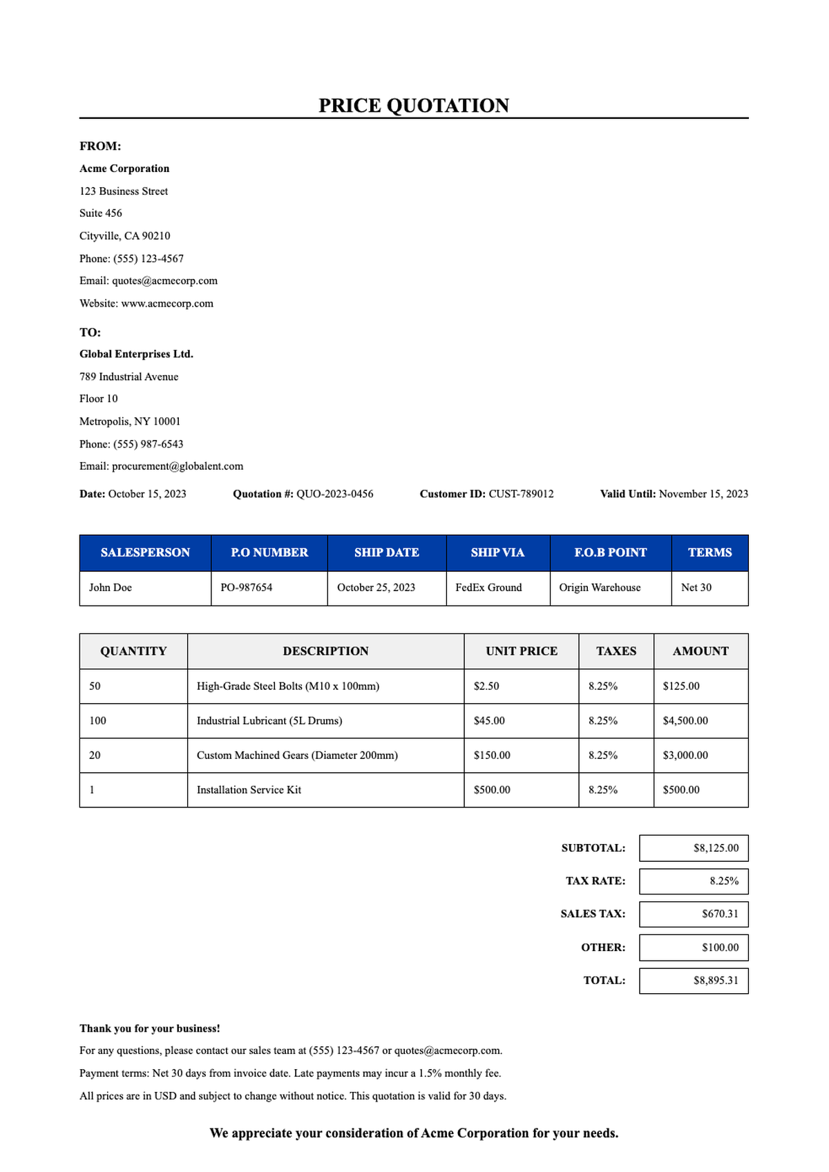 Professional price quotation template with blue header and itemized pricing sections_variant_2